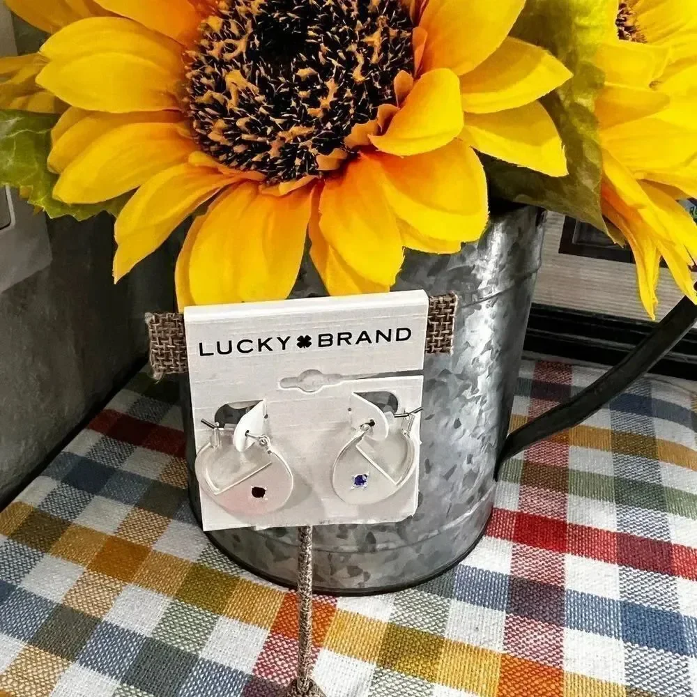 NWT Lucky Brand Silver Red & Blue Pavé Sliced Hoop Earrings #LBER2